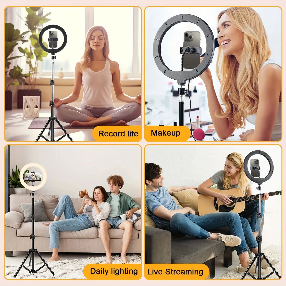 Dimmable Bi-Color 10" Plastic Mini LED Ring Light Dual Phone Holders Tripod Stand