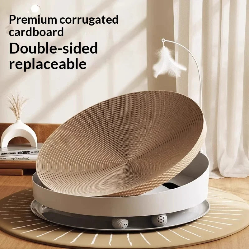 Interactive Cat Scratching Board Oval Cardboard Scratcher With Feather Wand Turntable Toy