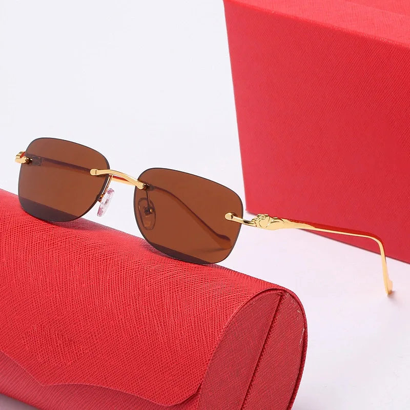 Leopard Head Frameless Sunglasses Luxury Oval Gold Frame Trendy Fashion UV400 Protection