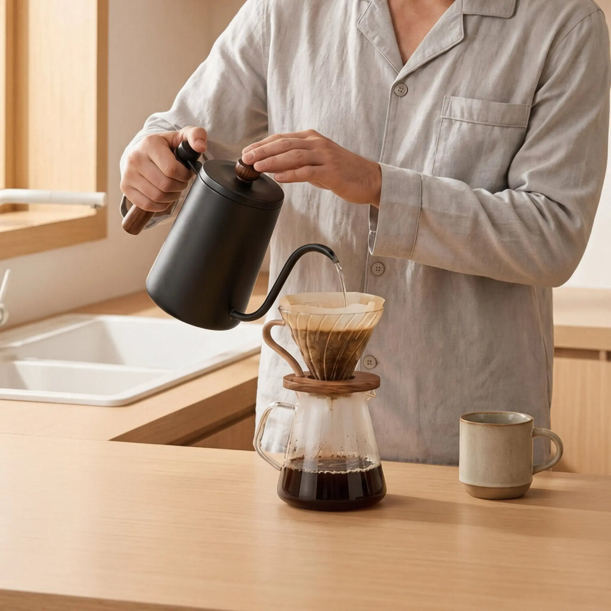 600ML 304 Stainless Steel Gooseneck Pour Over Kettle Long Thin Spout Wooden Handle Drip