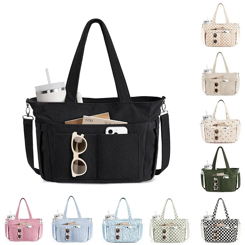 Custom Corduroy Tote Bag for Women 15.6 Inch Laptop Compartment Cup Holder Multi Pocket