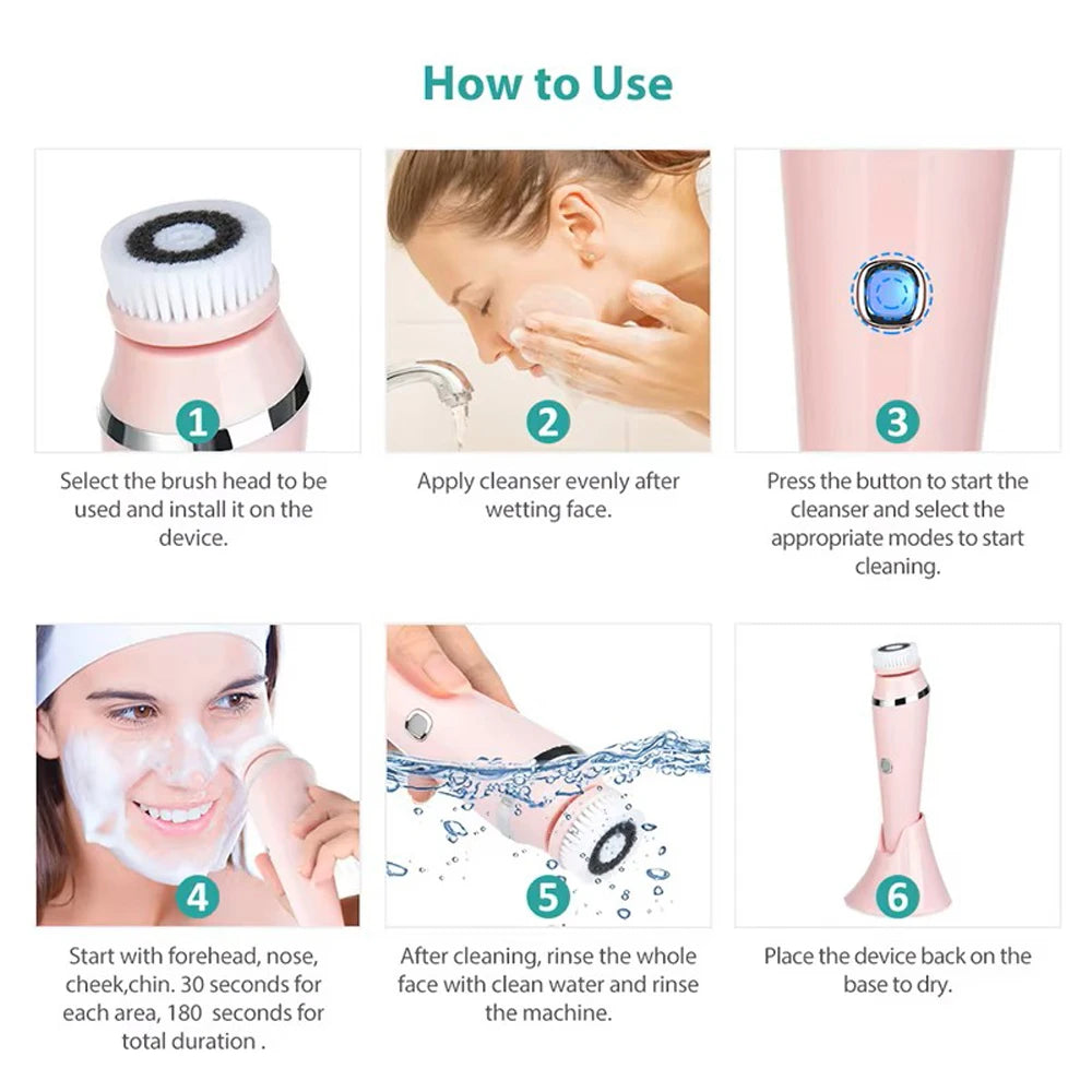 4 in 1 Sonic Electric Vibrating Face Wash Brush Deep Cleansing Silicone Face Cleaner