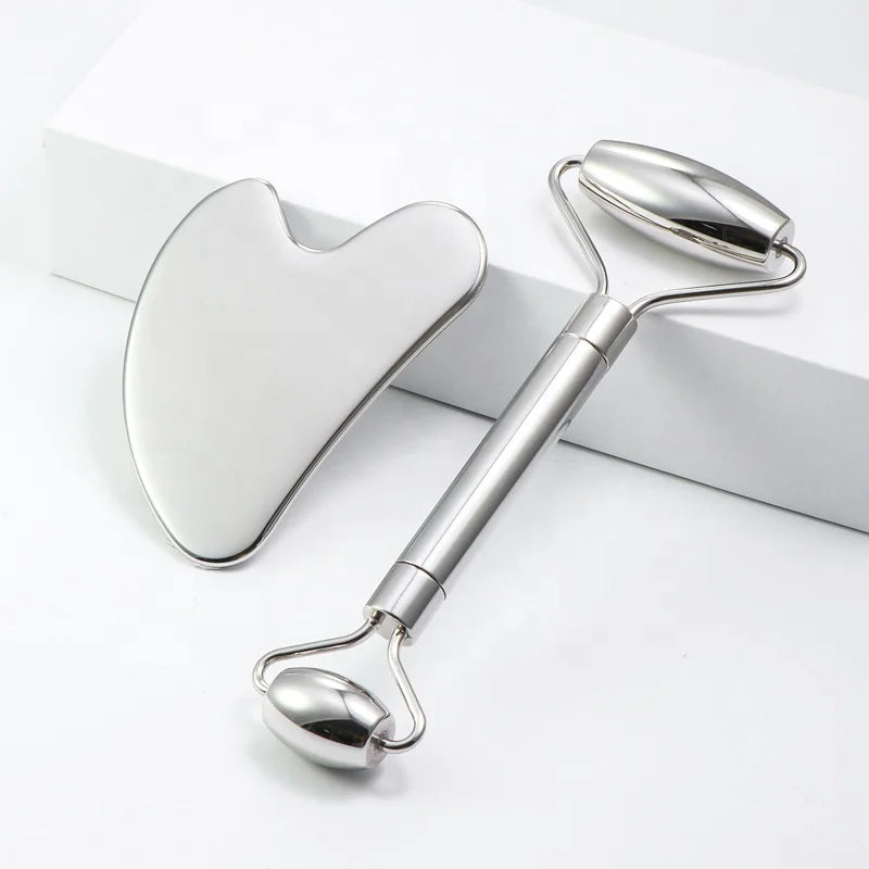 Stainless Steel Face Roller and Gua Sha Set Ice Cooling Ball Skincare Massage Jade Roller