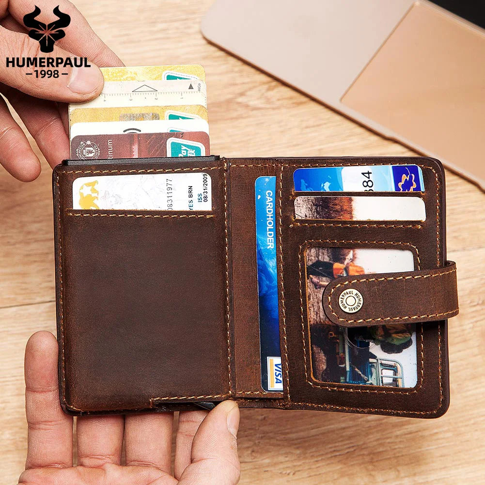 Unisex Fashion Purse Minimalist Aluminum Rfid Wallet Pop Up Credit Card Leather Custom