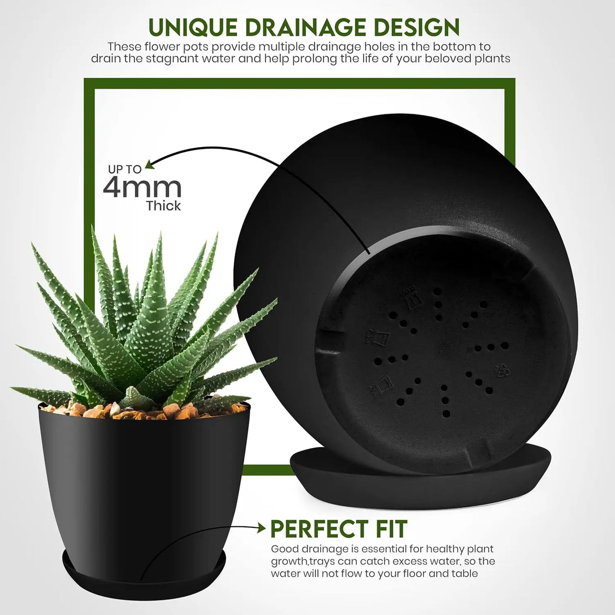 5 Pack Eco-Friendly Durable Self-Watering Plastic Flower Pots Drainage Holes