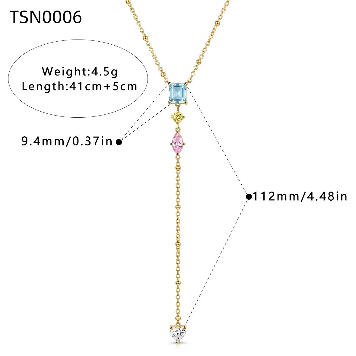 Stainless Steel Y-Drop Multicolor Crystal Pendant Necklace 18K Gold Plated Heart CZ Stone