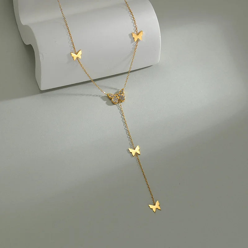 18K Gold Plated Stainless Steel Beaded Tassel Choker Necklace Zircon Butterfly Jewelry