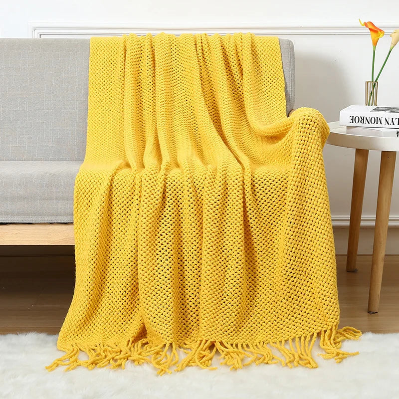 Chunky Knitted Blanket Sofa Throw Blanket With Tassels Weighted Blanket for Winter
