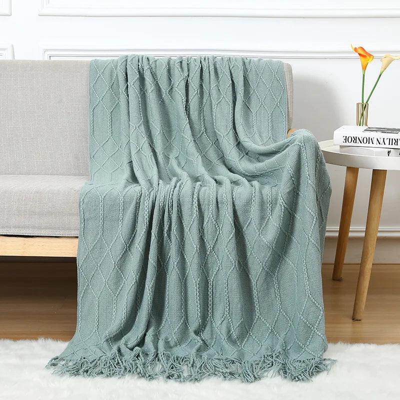 Chunky Knitted Blanket Sofa Throw Blanket With Tassels Weighted Blanket for Winter