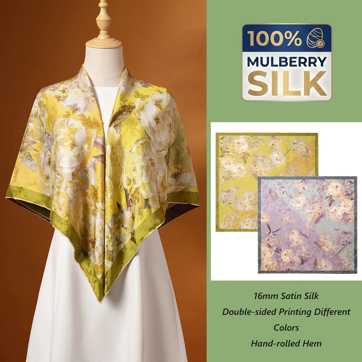 Customizable Silk Satin Shawl 100% Mulberry Silk Digital Printed Women Custom Hand Rolled