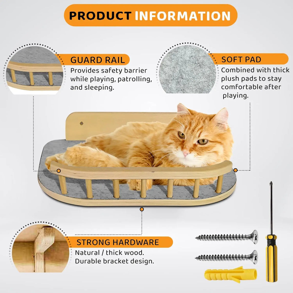 Large Wood Crafts Wall Sign for Cats Wooden Cat Tree with 3 Steps Bed Scratcher Window