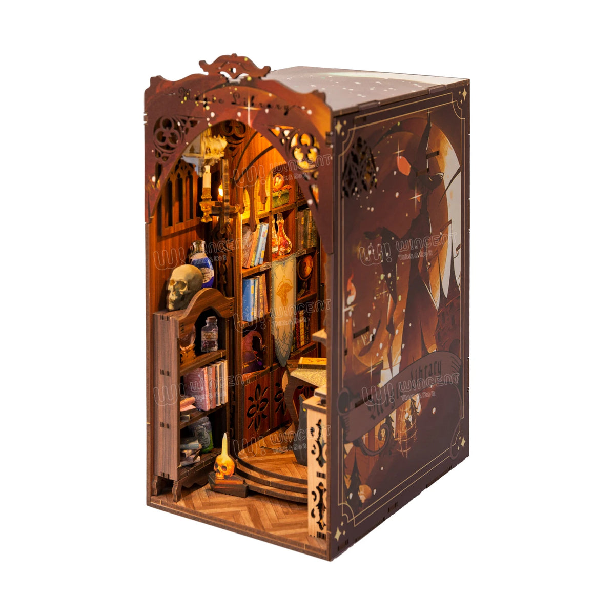Wincent Body Sensor Light G6 UV Printing Design Miniature 3d Wooden Bookend Book Nook