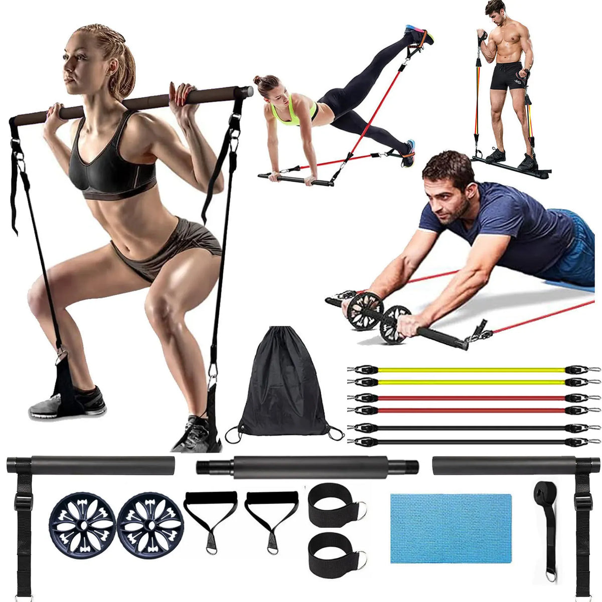 3 Section Yoga Bar Kit Resistance Band Bar Pilates Fitness Bar Stretching Strength
