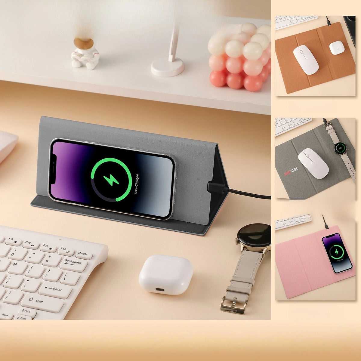 15W Fast Wireless Charging Mouse Pad, Small PU Leather Non-Slip Desk Mat with for Office