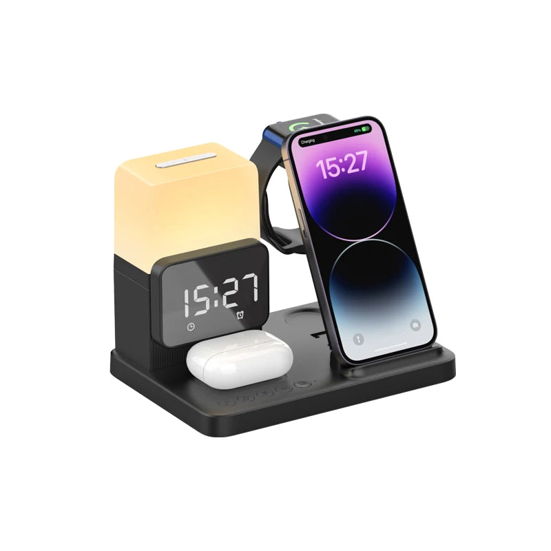 Wireless Charger Stand Alarm Clock 6 in 1 Desktop Multifunctional Fast 3 in 1 Smart