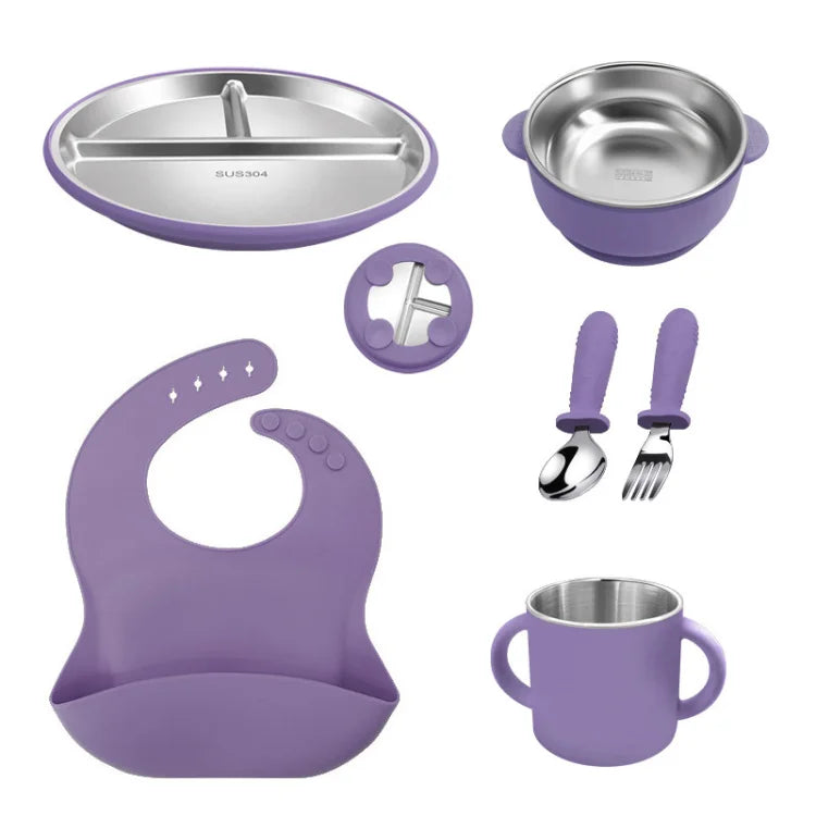 Children'S New Silicone & Stainless Steel Baby Toddler Feeding Cutlery Set 6 in 1 BPA