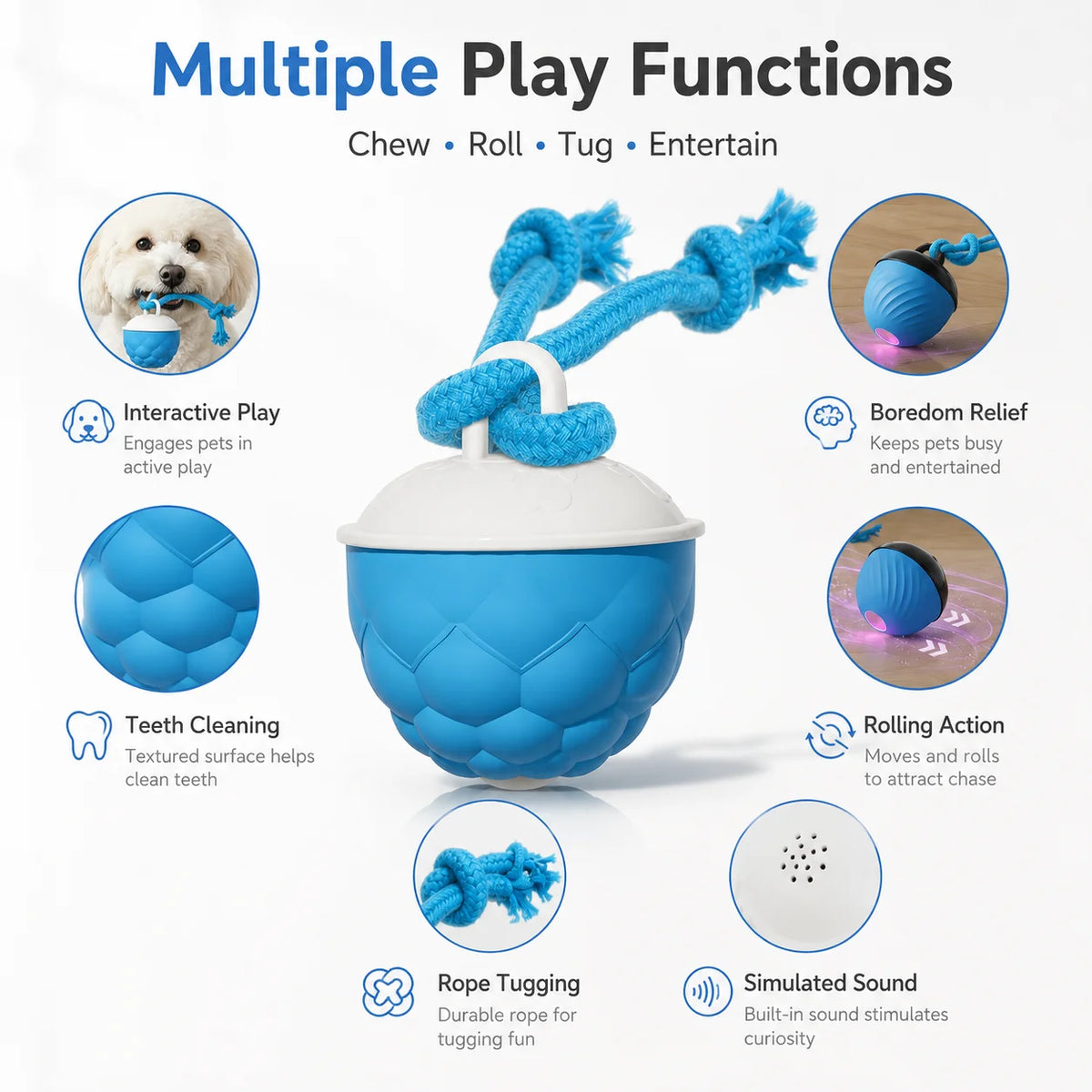 Custom Smart Automatic Rolling Ball Electric Interactive Nylon Rope Sound Ball Lovely Pet