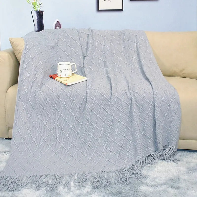 Chunky Knitted Blanket Sofa Throw Blanket With Tassels Weighted Blanket for Winter