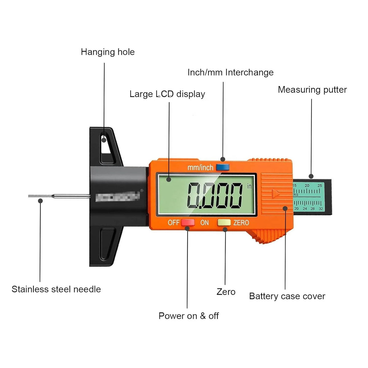 Orange Color Digital Tire Tread Depth Gauge in 1 Inch/25.4 Mm for All Vehicle Tires