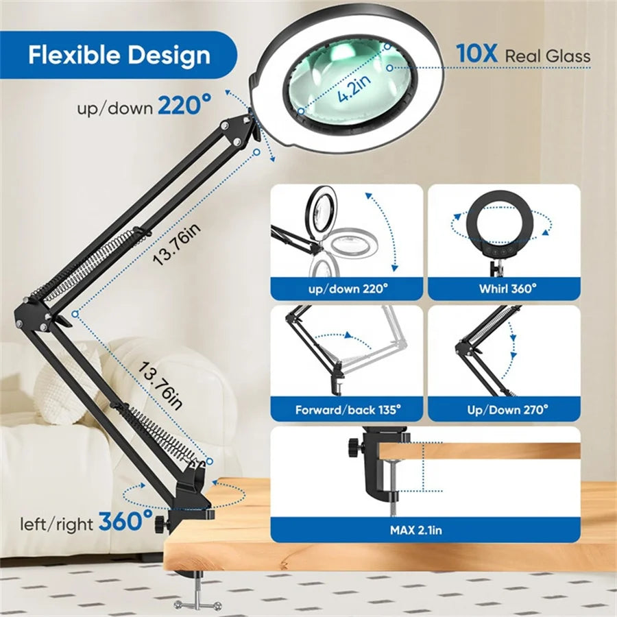 5 Color Modes Stepless Dimmable LED Nail Desk Lamp Touch Control Long Arm Working Desk