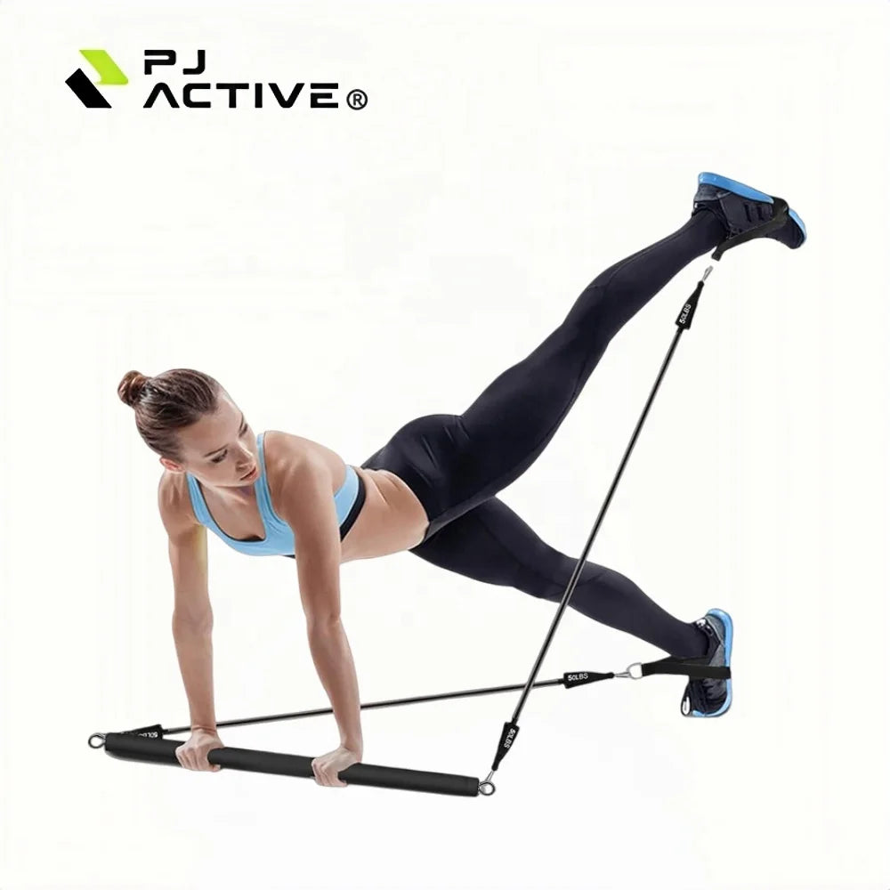 Adjustable Pilates Yoga Bar Portable Home Gym Fitness Kit With Resistance Bands