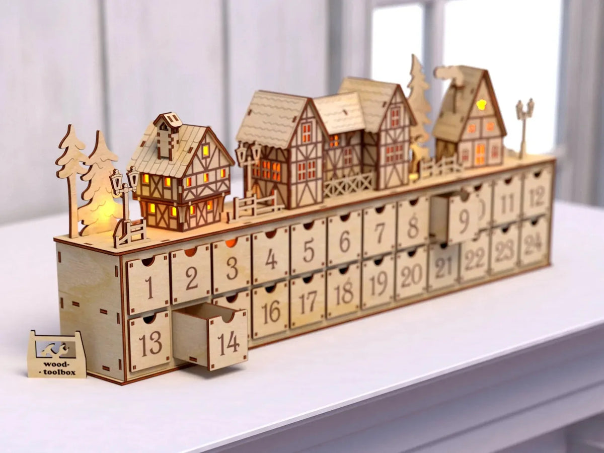 Christmas Wooden Advent Calendar - 24 Drawers Storage Box - Wooden Craft Holiday