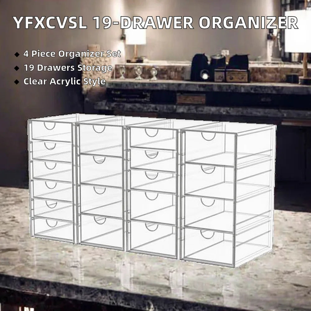 Elegant Acrylic Makeup Organizer 19 Drawers 4 Pack Clear Storage for Bathroom Vanity