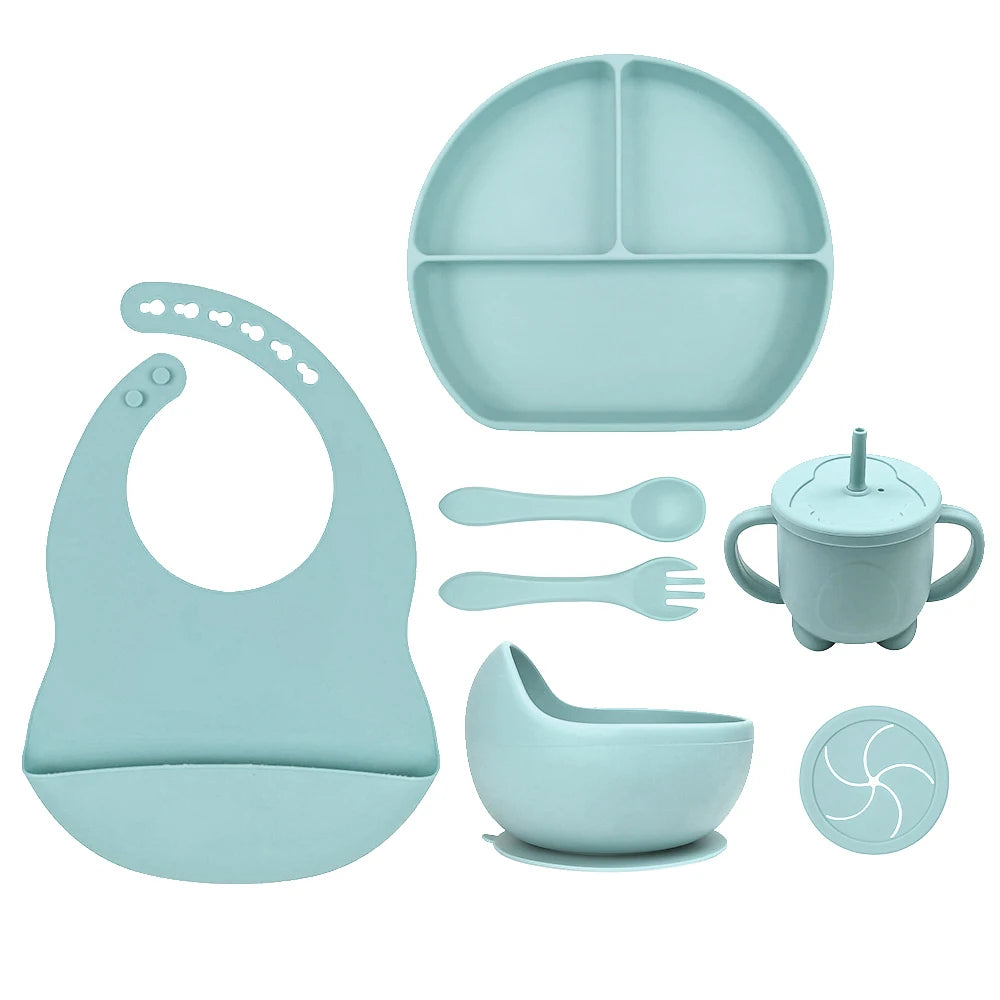 8pc Bebe Silicone Feeding Set Toddler Weaning Set Suction Bottom Infant Dining Tableware