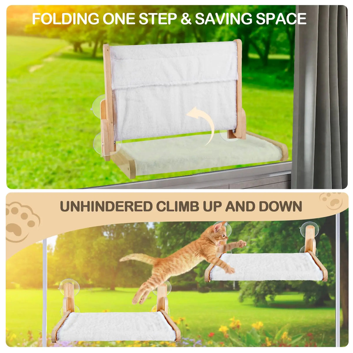 Natural Wooden Eco-Friendly Cat Window Perch Cordless 6 Lb Capacity Collapsible Furniture