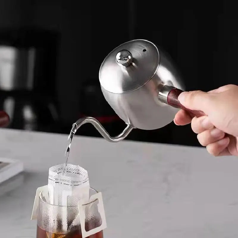 Stainless Steel Gooseneck Coffee Kettle with Wooden Handle, Pour Over Coffee Pot for Home