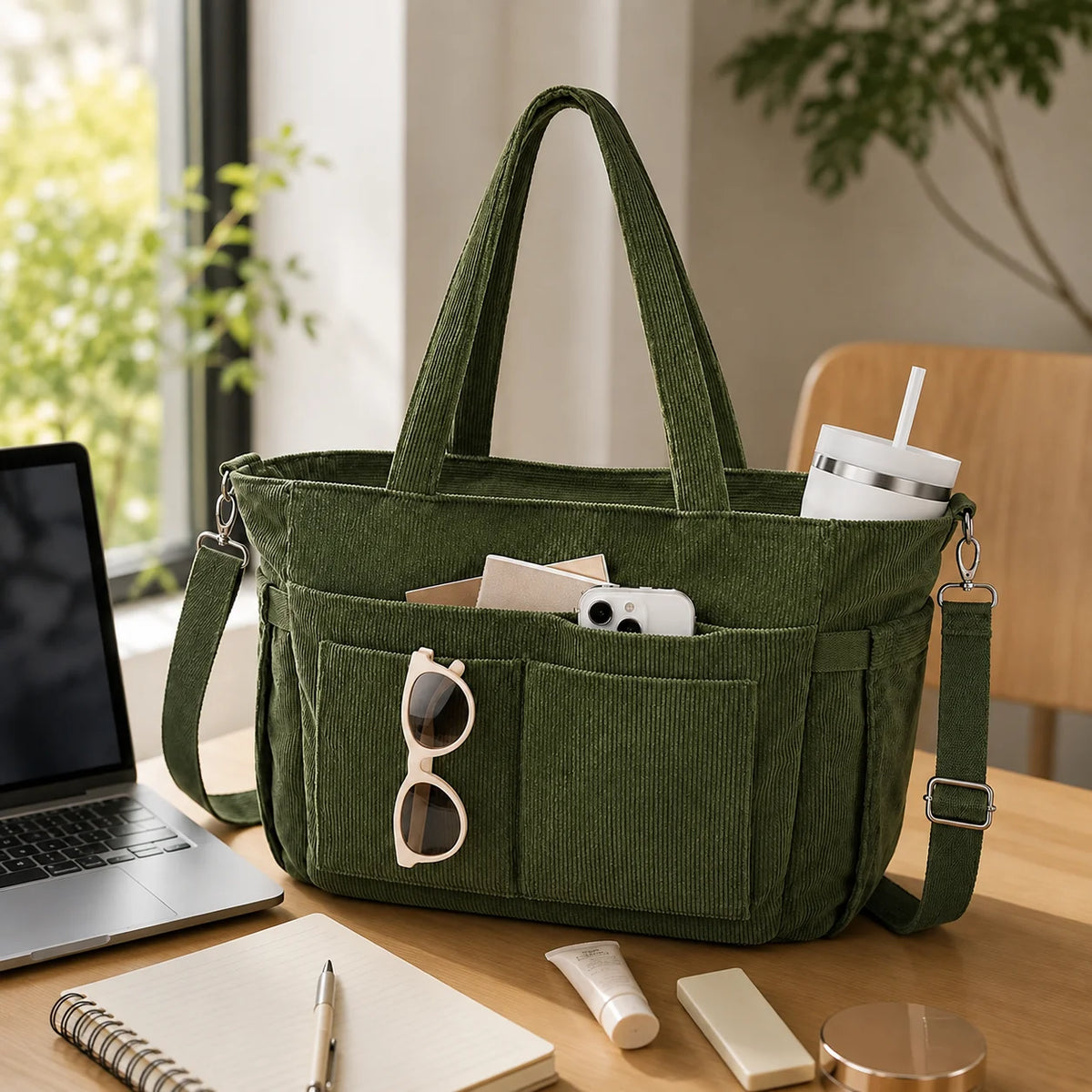 Custom Corduroy Tote Bag for Women 15.6 Inch Laptop Compartment Cup Holder Multi Pocket