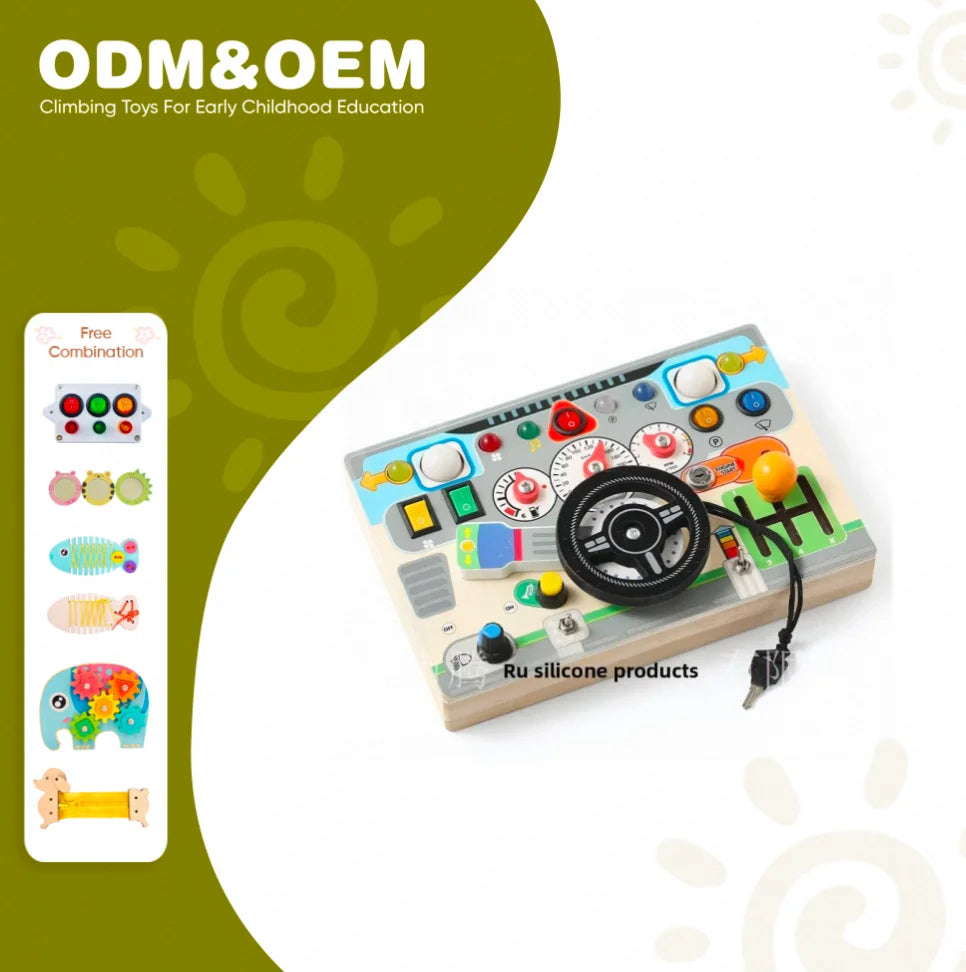 Montessori Early Education Wooden Steering Wheel Simulation Busy Board for Children (4-6