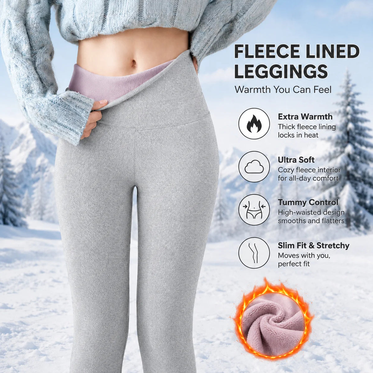 Womens Light Gray Fleece Leggings Purple Sherpa Lined High Waist Thick Winter Thermal