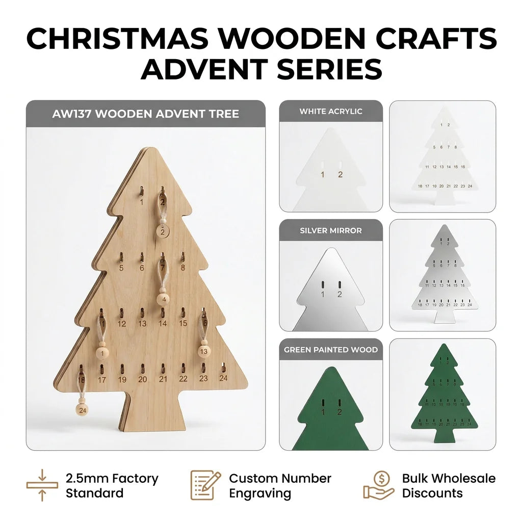 Christmas Wooden Crafts Advent Tree | 24-Day Countdown Calendar with Hooks | Laser Cut