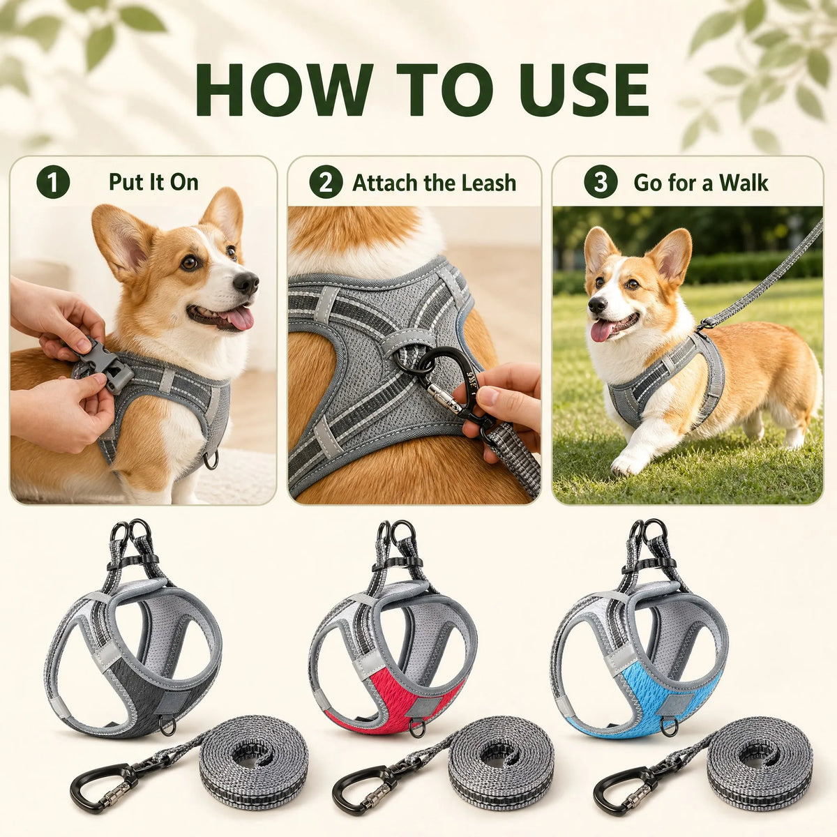Dog and Cat Harness Leash Set No Pull Y for Dogs and Cats Solid Color Mesh Padded
