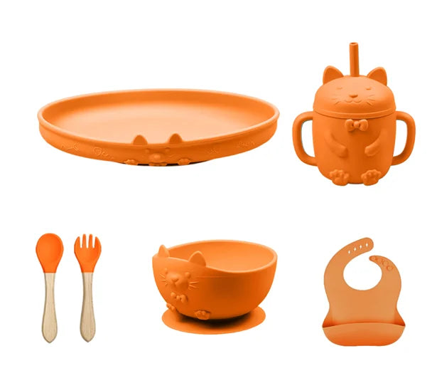 Food Grade Silicone Baby Feeding Set With Cup Bowl Plate Bib Spoon and Fork Easy Clean
