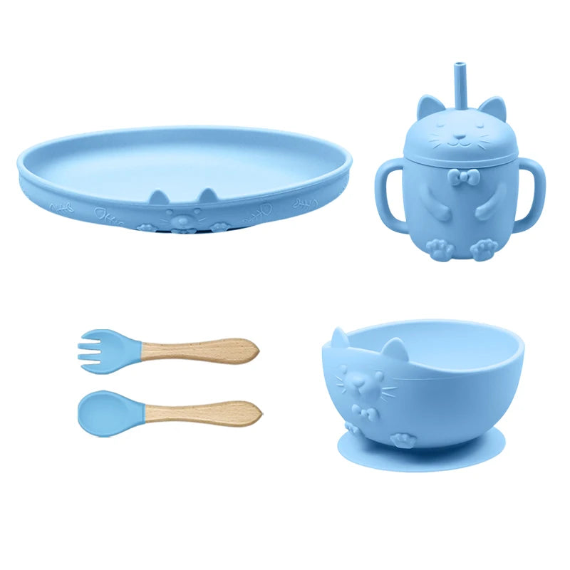 Food Grade Silicone Baby Feeding Set With Cup Bowl Plate Bib Spoon and Fork Easy Clean