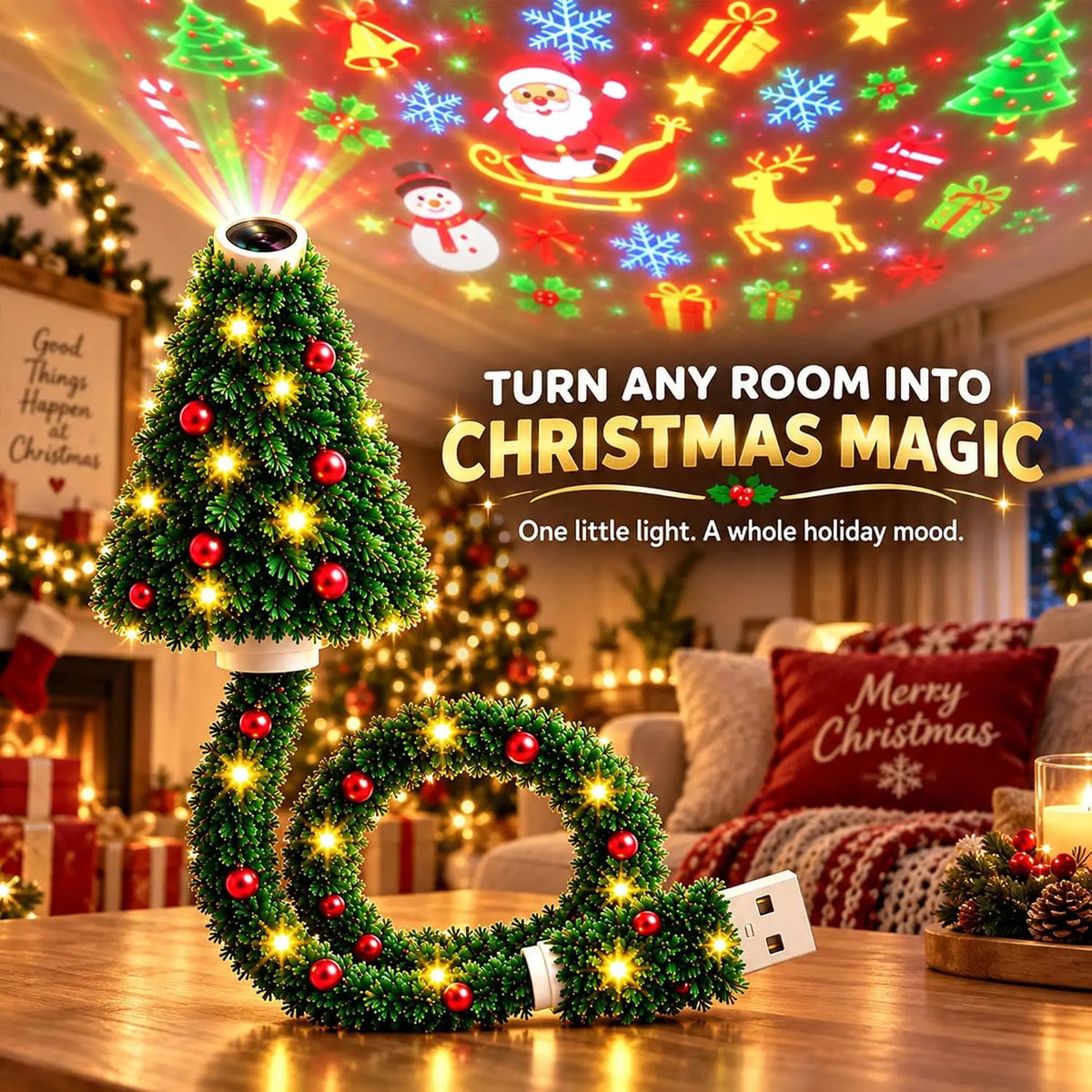 Christmas Tree Night Light Projector USB 6 Pattern Slides Santa Reindeer Snowflake Warm