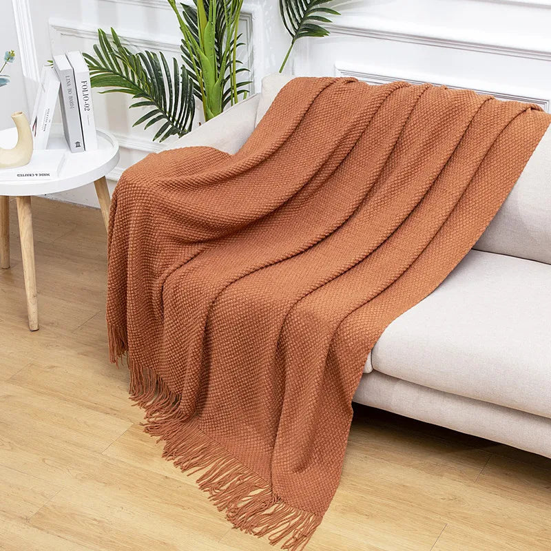 Chunky Knitted Blanket Sofa Throw Blanket With Tassels Weighted Blanket for Winter