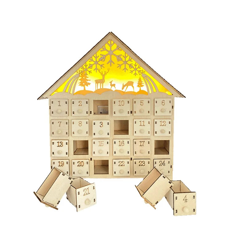 Wooden LED Lighted Advent Calendar with 24 Drawers Countdown Calendar Ornaments