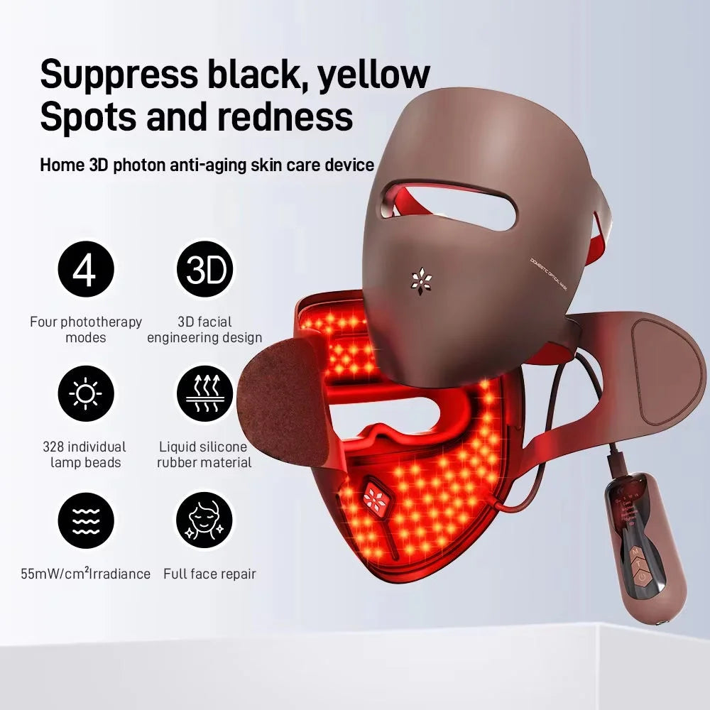 USB Rechargeable 3D LED Face Mask with 460nm, 665nm and 850nm Light, Brown