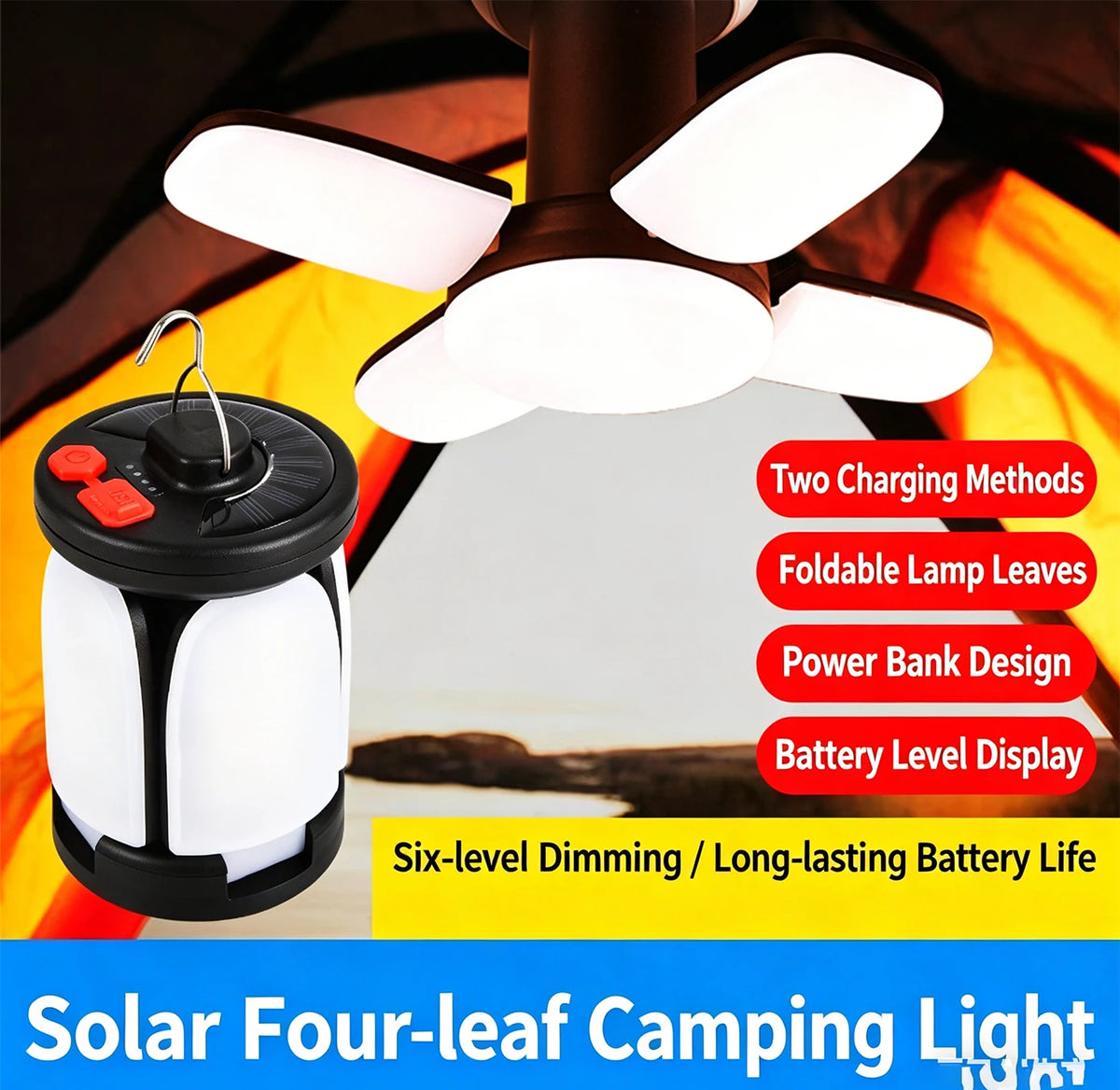 Foldable 4-Leaf Solar Camping Lantern, USB Rechargeable Bright Outdoor Camp Light,