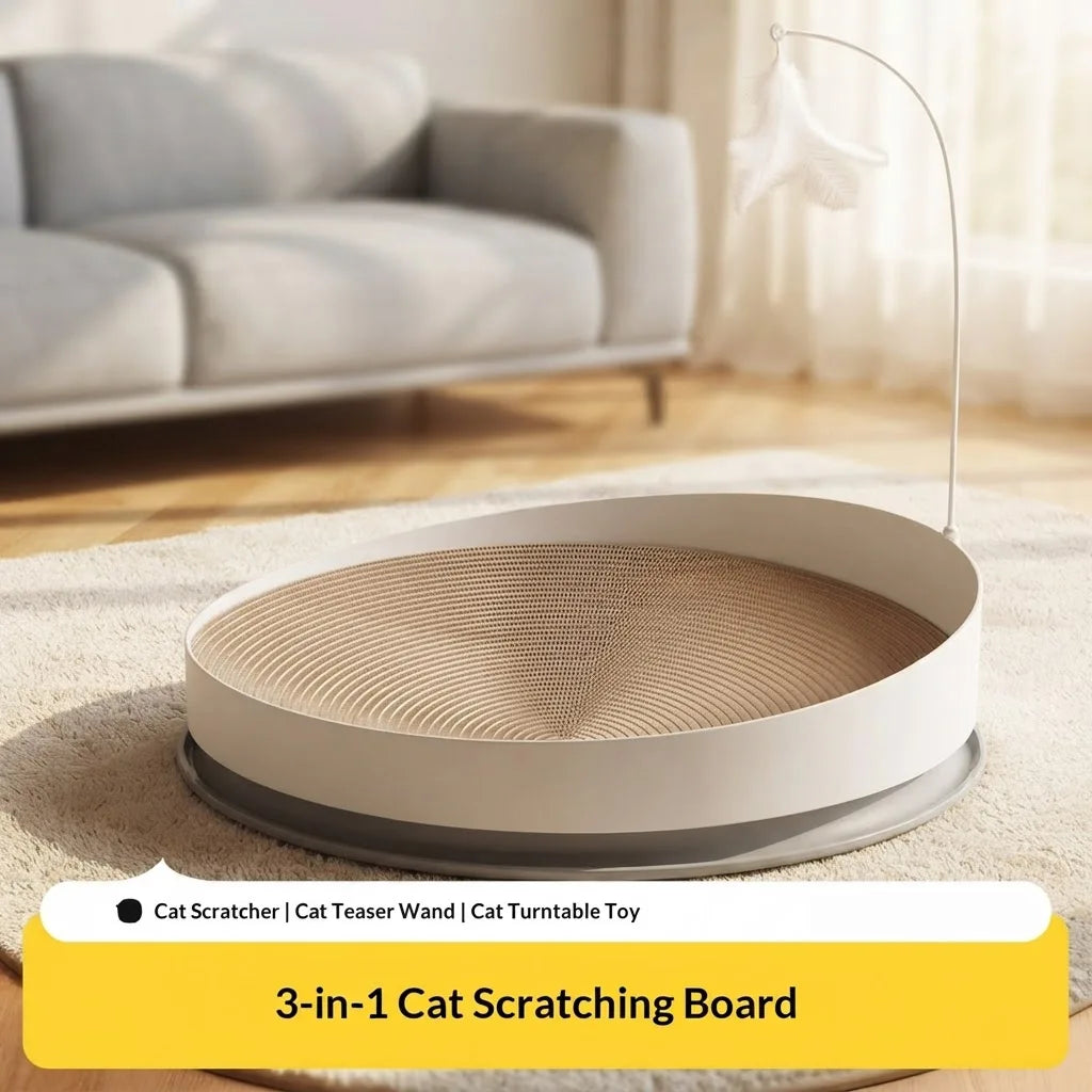 Interactive Cat Scratching Board Oval Cardboard Scratcher With Feather Wand Turntable Toy