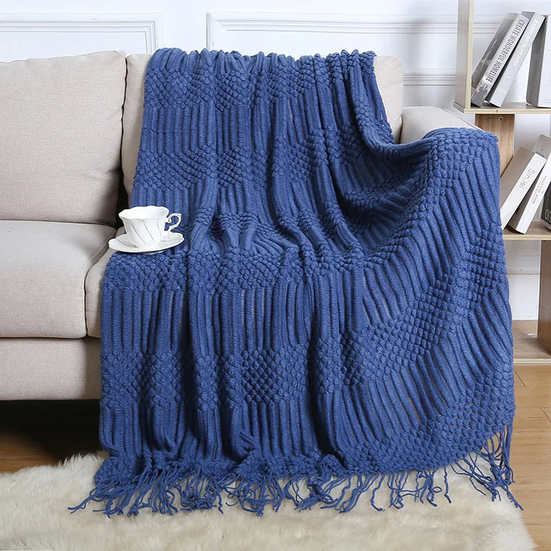 Chunky Knitted Blanket Sofa Throw Blanket With Tassels Weighted Blanket for Winter