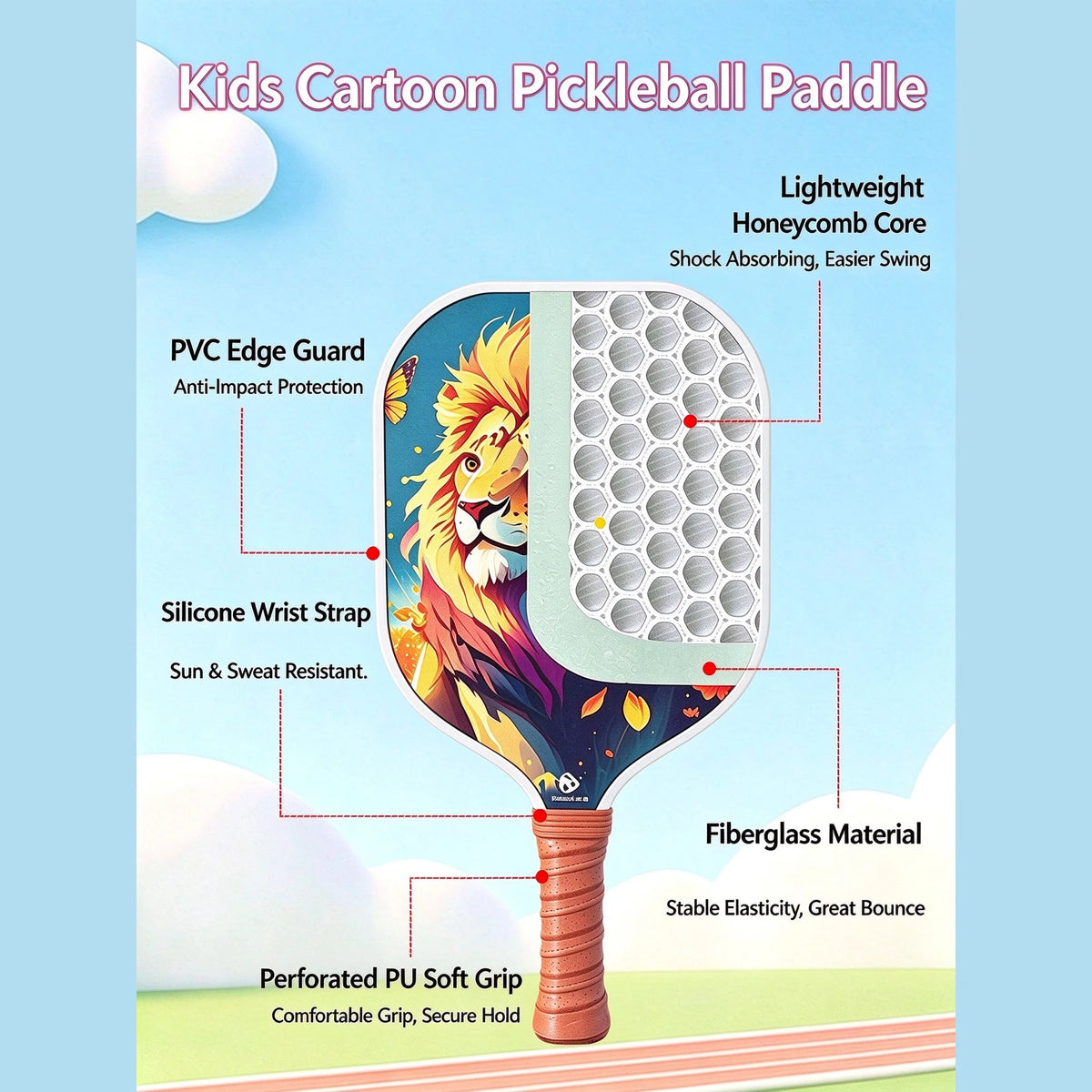 Yellow Cartoon Pickleball Paddle Set Fiberglass Honeycomb Core TPU Edge Lightweight Kids