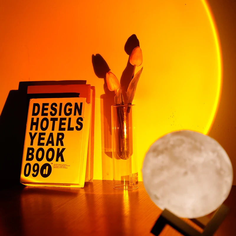 Mini Sunset Projection 3D Moon Lamp PVC USB Rechargeable Dimmable LED Night Light Bedroom