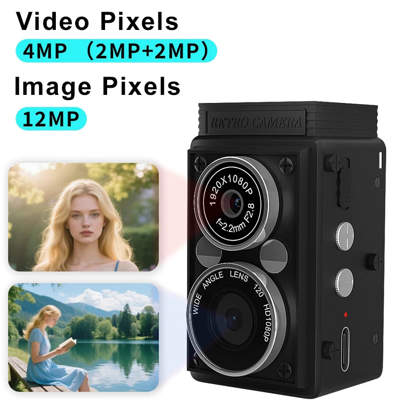 Dual Lens Vintage Mini Digital Camera Autofocus 12MP 1080P FHD Video Vlogging Portable