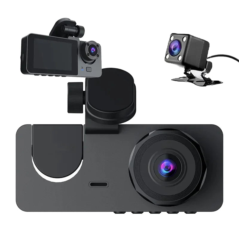 Three Lens 1080p HD Dash Cam with TF Card Recording Loop Front/Rear & Rear View Video