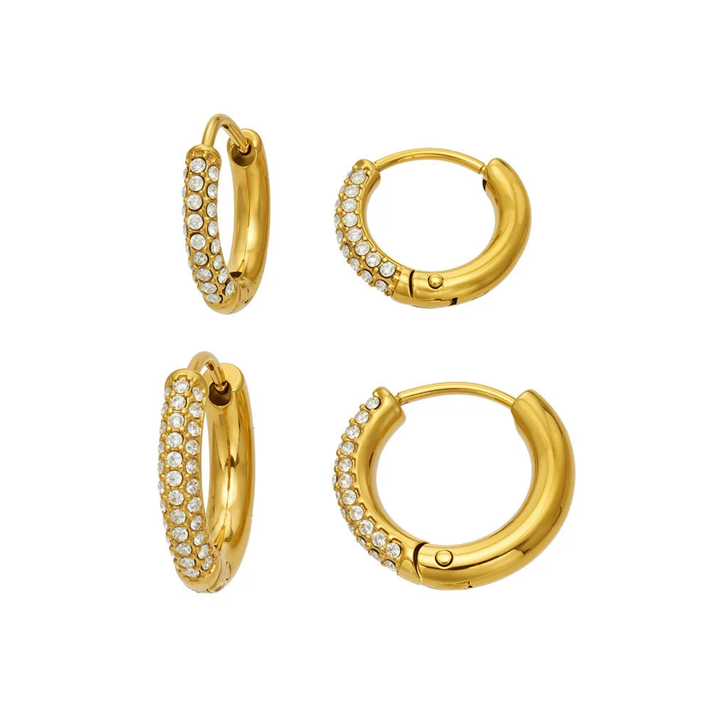 316L Stainless Steel Paved Cubic Zirconia Huggie Hoop Earrings 18k Pvd Gold Plated