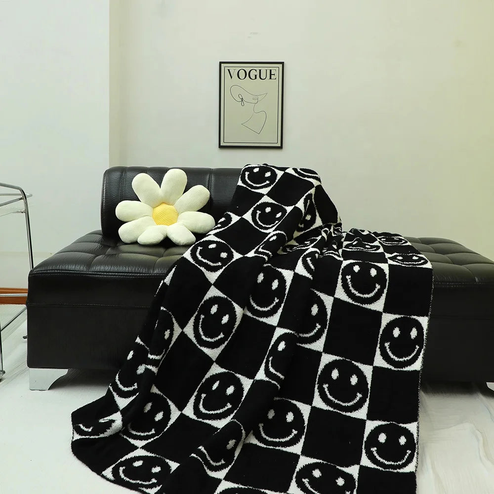 Customizable Smiley Face Double-Sided Thermal Knit Throw Chunky Black White Fleece Beach